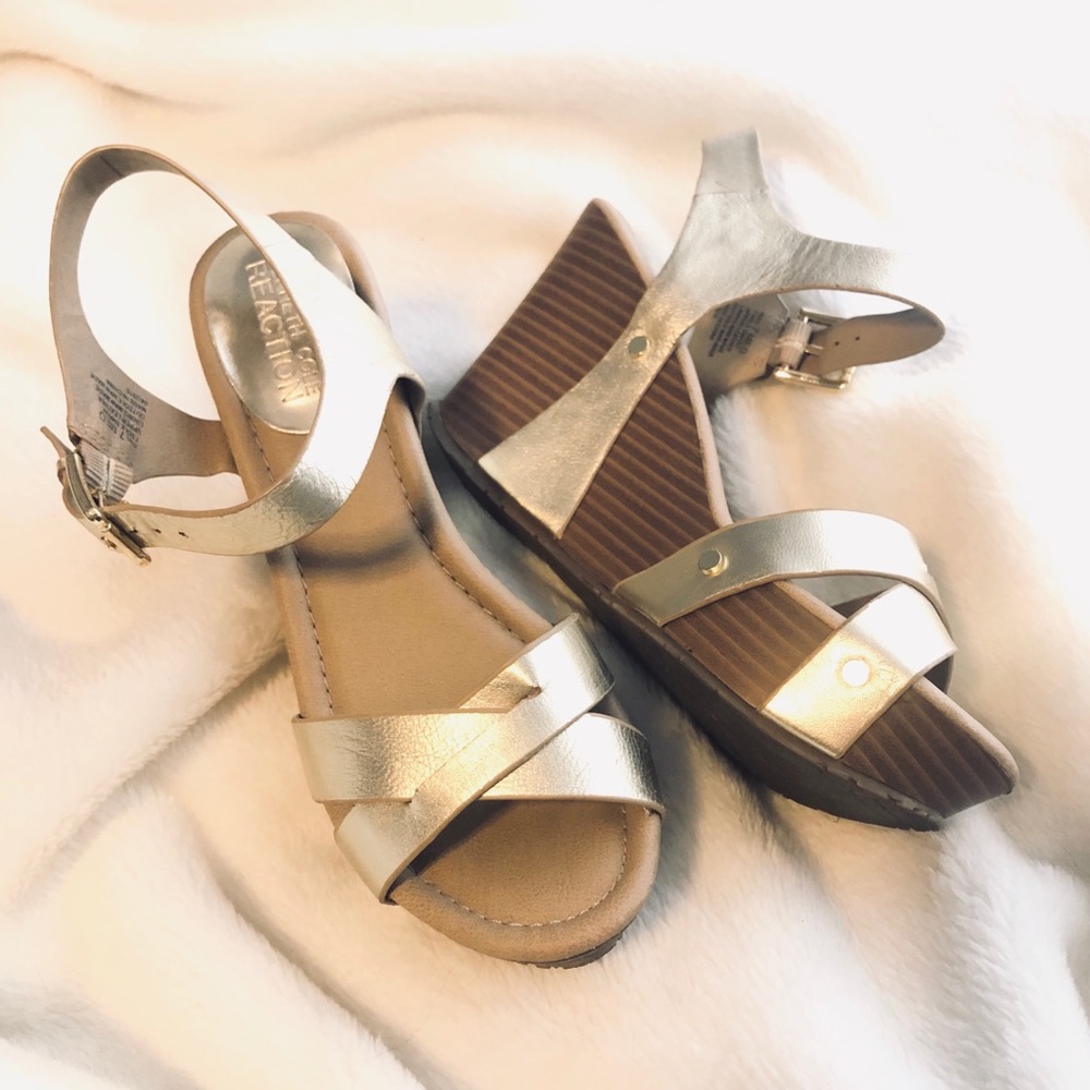 Kenneth Cole Retro Gold Leather + Wood Wedges